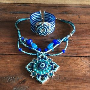 Blue Beaded Necklace and Bracelet Set